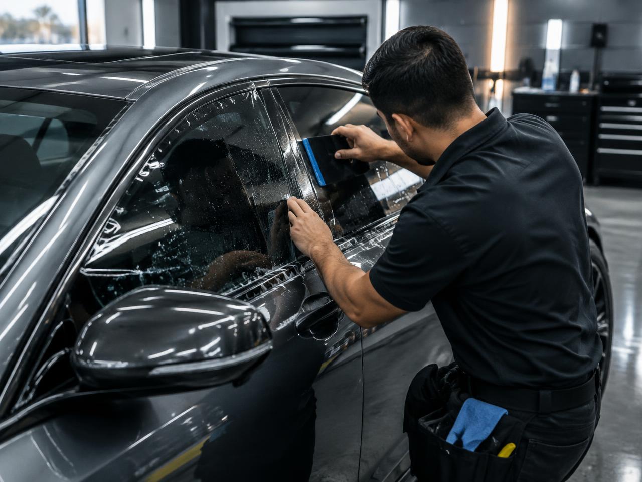 Installer applying tint film to the side window of a car