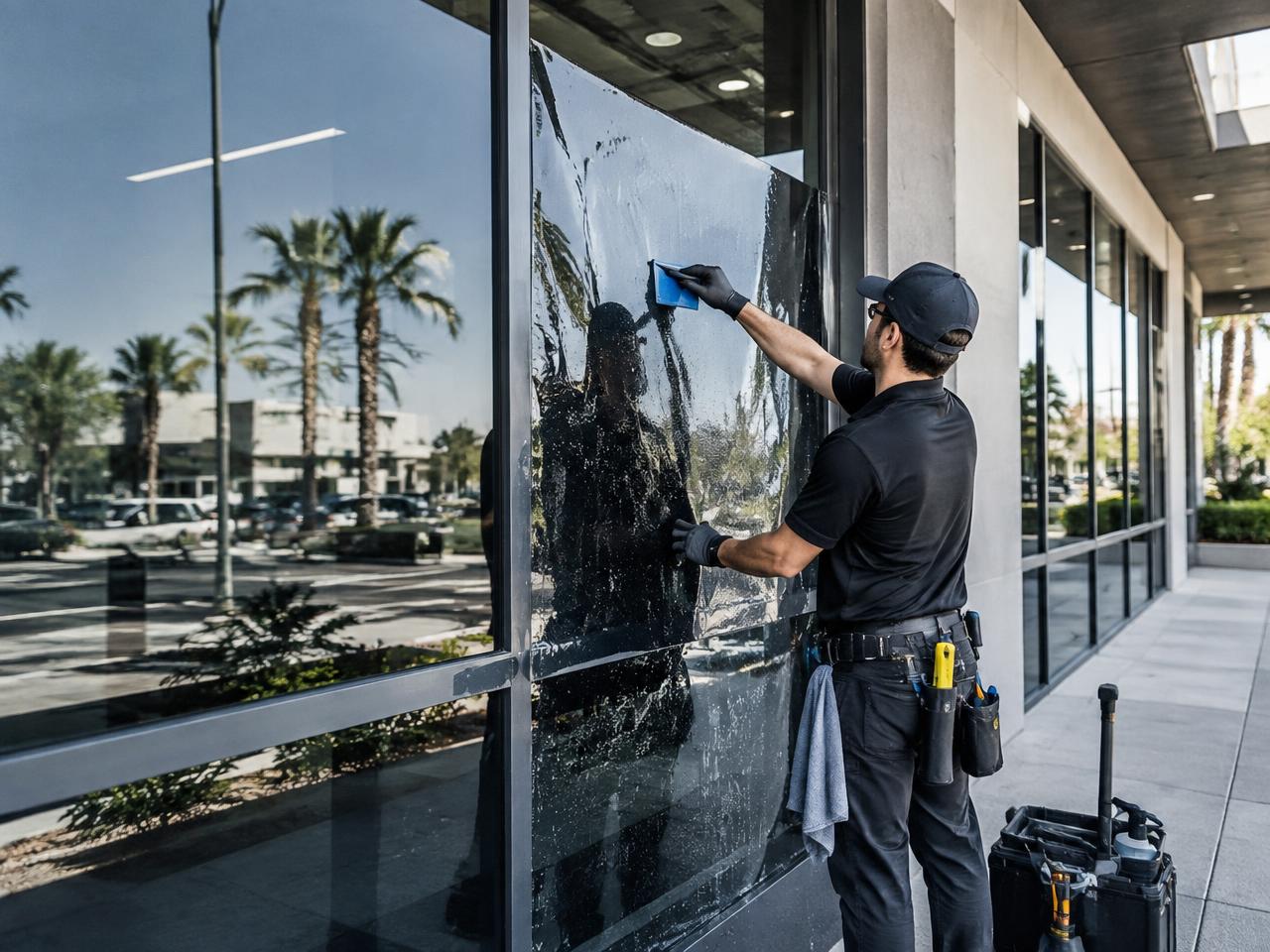 Installer applying window film to a commercial storefront